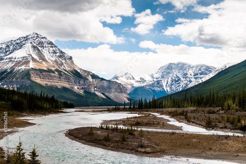 Athabasca River close view with Columbia Icefield, Jasper national park, Alberta
