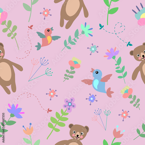 Cute seamless pattern with animals  flowers and birds. Background  textile  texture
