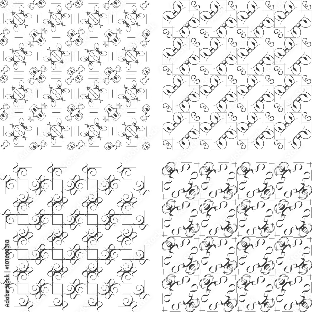 Set of black and white geometric seamless patterns. Vector backgrounds collection.