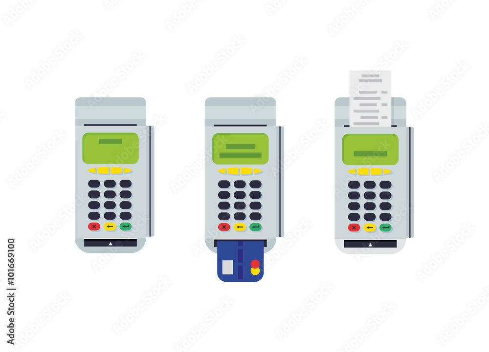 POS terminal with inserted credit card and printed reciept. Modern flat design element. EPS10 vector. POS terminal with inserted credit card and printed reciept. Modern flat design element. EPS10 vector.
