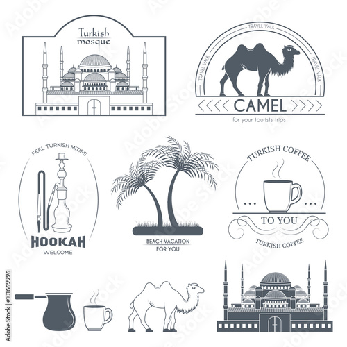Turkey country set label. Template of emblem element for your product or design  web and mobile applications with text. Vector illustration with thin lines isolated icons on stamp symbol. 