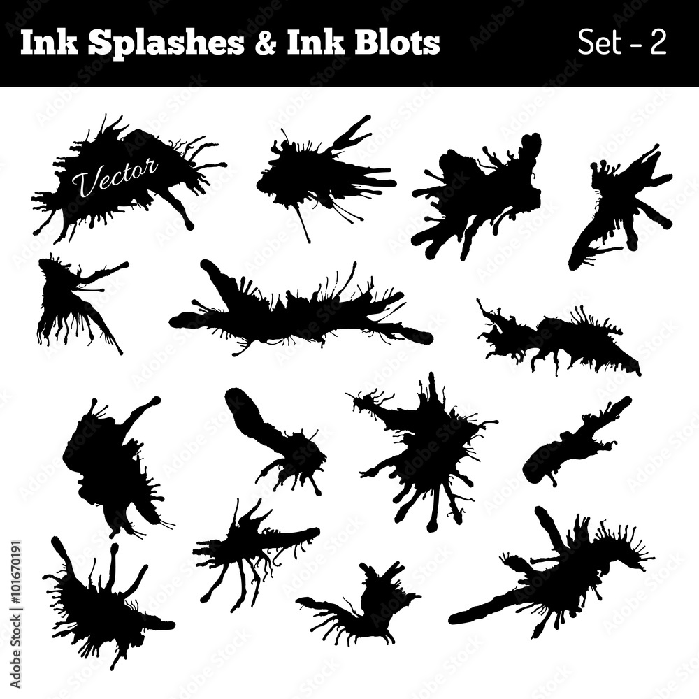 Set of black ink blots and splashes