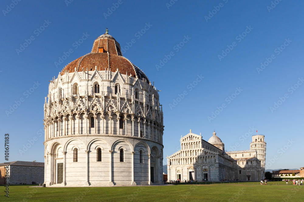 Baptistery, cathedral and leaning tower in Pisa, Italy