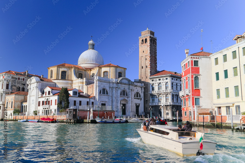 Famous Canal Grande and the Church of Chiesa di San Geremia in Venice, Italy