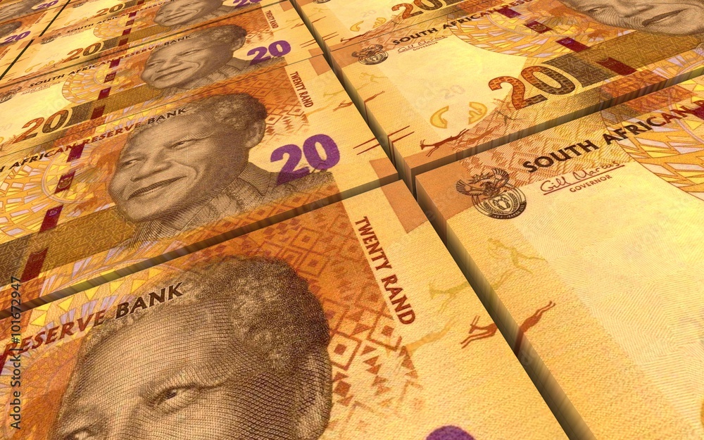 Fototapeta premium South african rands bills stacks background. Computer generated 3D photo rendering.