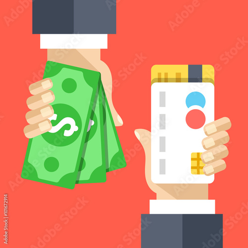 Hand with credit card, hand with cash money flat illustration