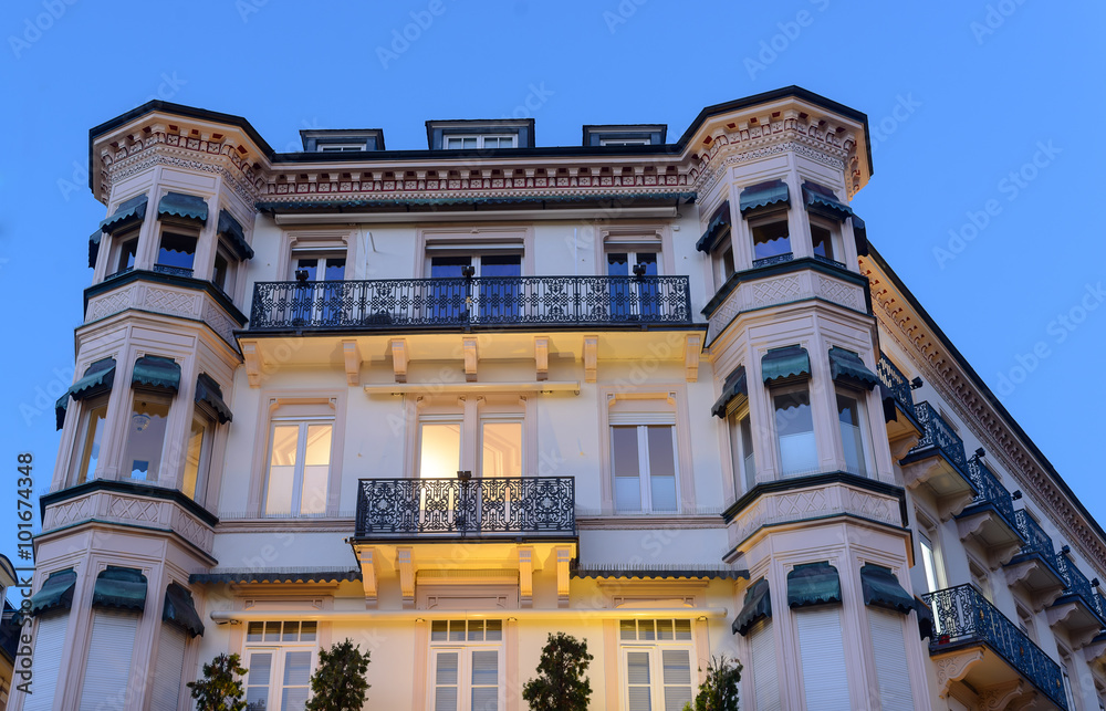 Respectable hotel in Baden-Baden with beautiful bright illumination at night