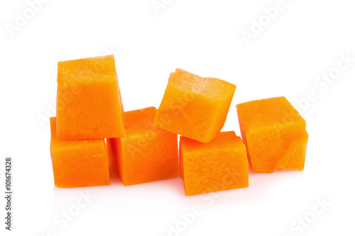 Diced carrots on white background