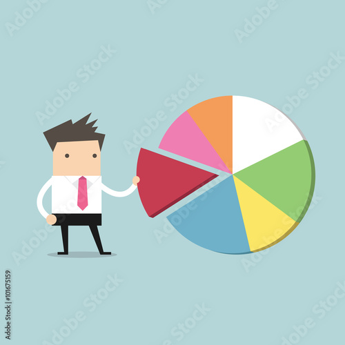 Businessman taking away a part of pie chart vector