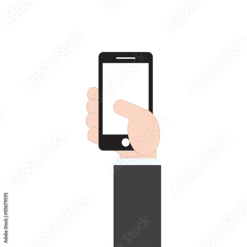 businessman hand holding mobile phone on white background, vector illustration in flat design style