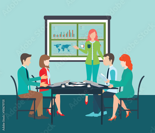 Businesswoman in suit making presentation.