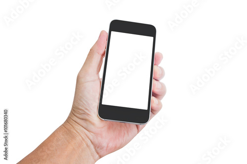 Hand holding blank screen mobile phone isolated on white backgro