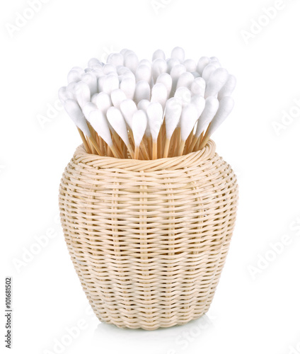Wood , cotton buds isolated on white background