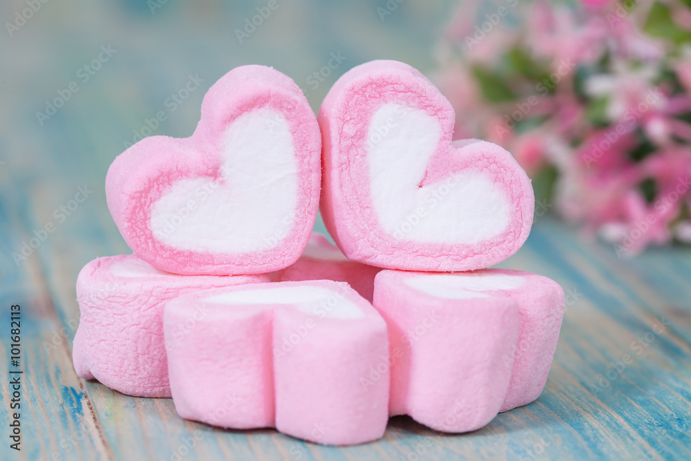 Valentine candies on color wood.selective focus.
