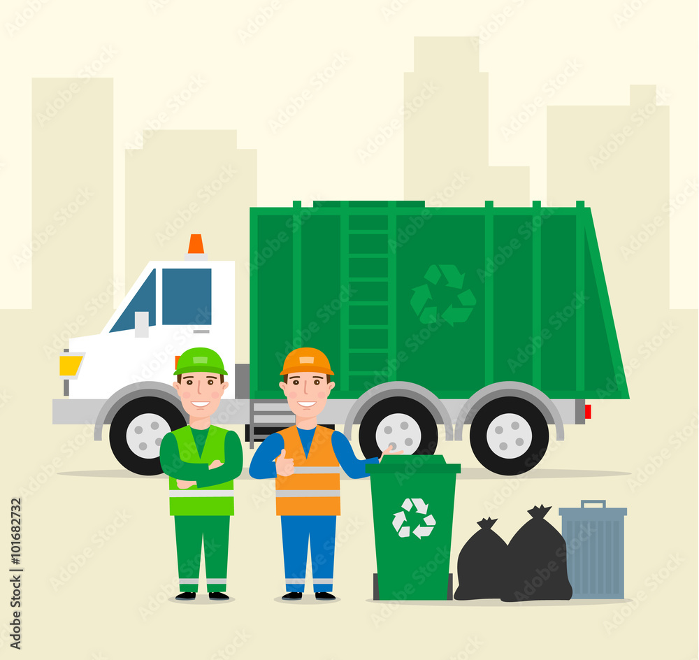 garbage collection .garbage truck garbage man in uniform waste bag recycle  bin. waste management concept illustration Stock Vector | Adobe Stock