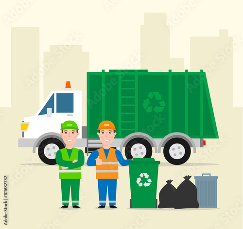 garbage collection .garbage truck garbage man in uniform waste bag recycle bin. waste management concept illustration