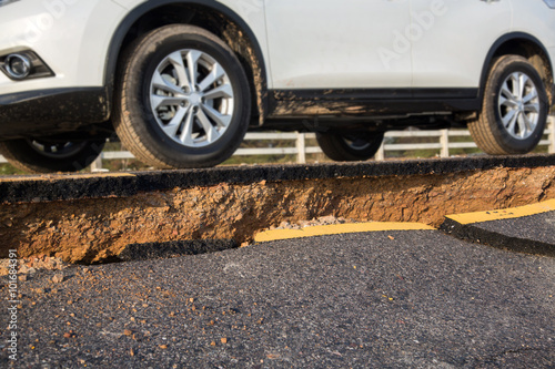 Crack of asphalt road after earthquake