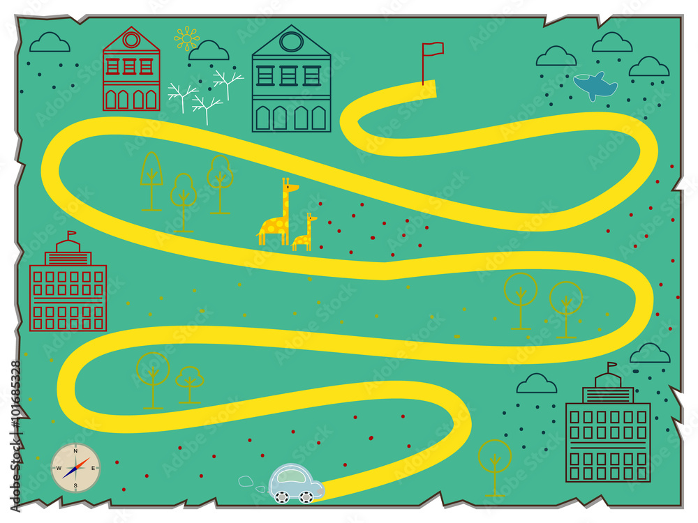 Fototapeta Map of treasure island (treasure map, antique map, old map, baby map, illustration of the maps to find treasure, treasure map showing  island with building, car, plane, giraffe and compass star)