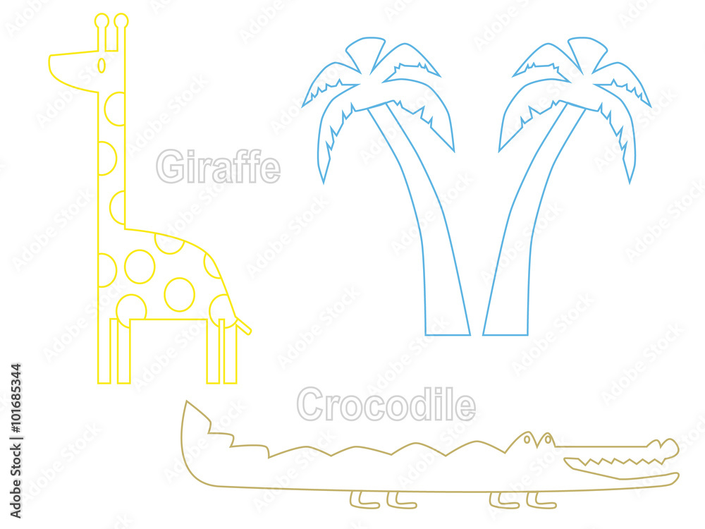 Silhouette of giraffe, crocodile and palm tree on white background with description,  in vector