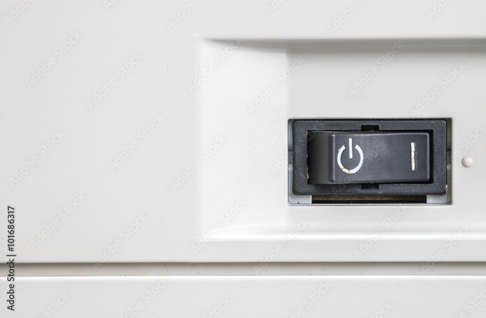 Closeup power button at the photocopier background Closeup power button at the photocopier background