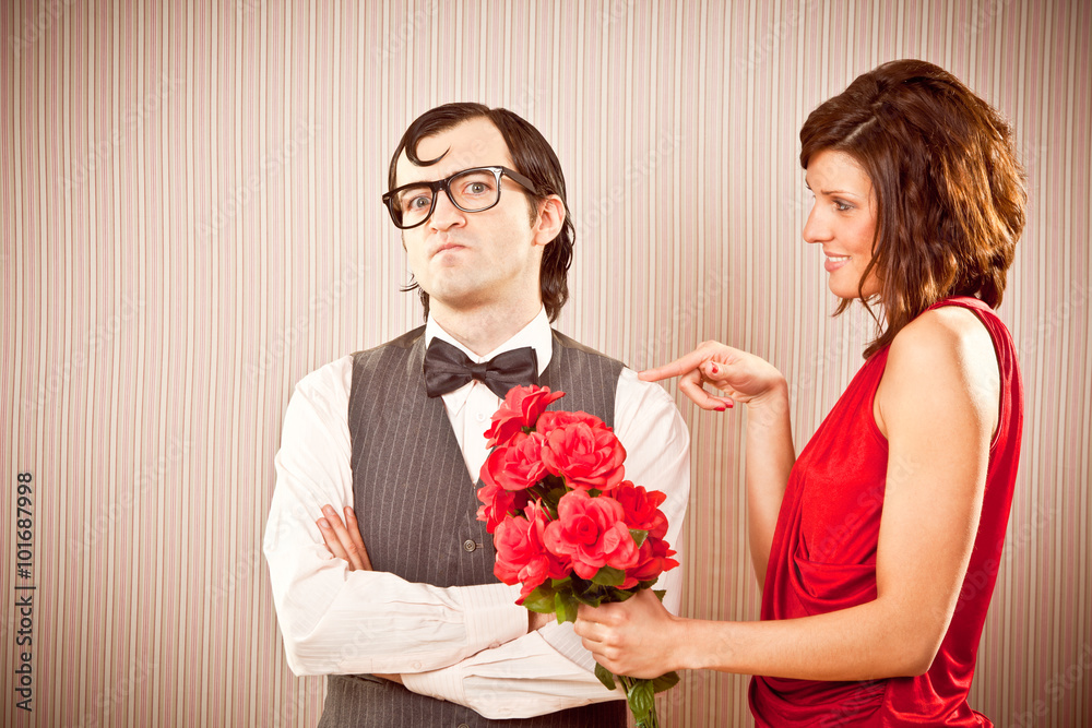 woman engagement love proposal to nerd boyfriend man with roses for Valentine Day woman engagement love proposal to nerd boyfriend man with roses for Valentine Day