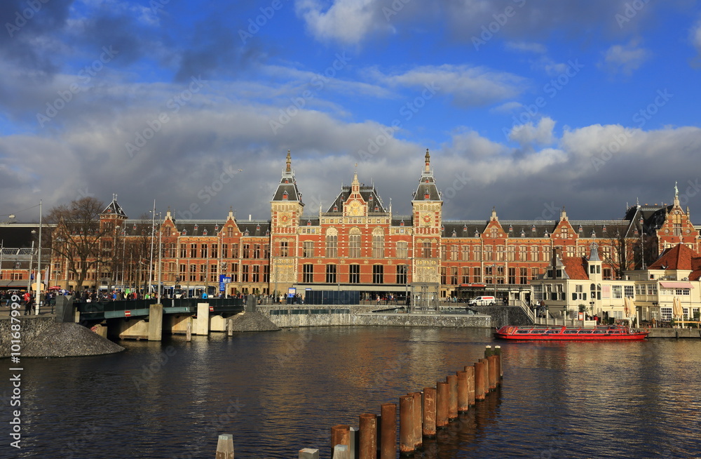 City scenic from Amsterdam in the Netherlands  with the central station
