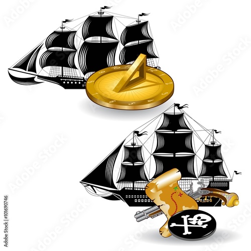 set of pirate ships icons with marine supplies sun clock and gun with map