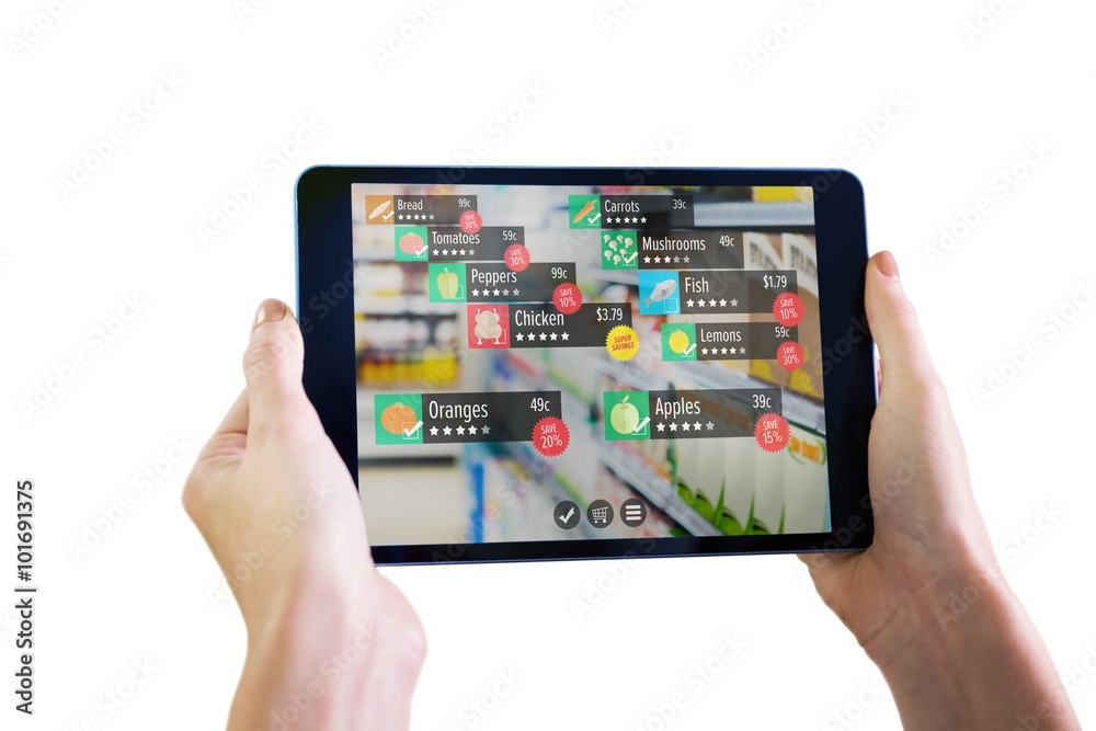 Composite image of finger pointing to tablet Composite image of finger pointing to tablet