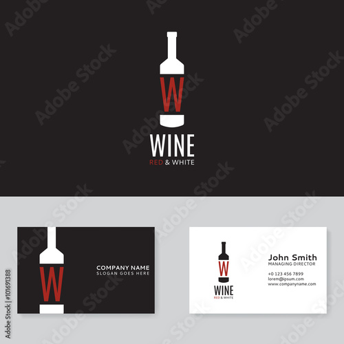 Wine logo template. Vector template of the business card. Red and white wine logo in the form of wine's bottle and the letter W.