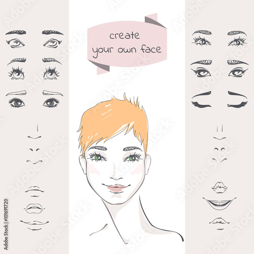 Create your own face. The set of elements of a woman's face: eyes, eyebrows, noses, lips. Beautiful young woman with short hair. Hand-drawn vector illustration.