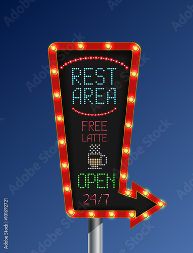 Retro arrow golden light banner with the rest area blue background