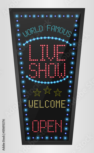 Retro sign with blue lights and the word live show