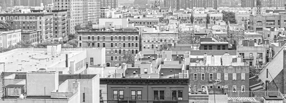 Black and white panorama of Harlem, New York, USA