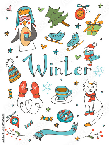 Amazing collection of hand drawn winter related graphic elements