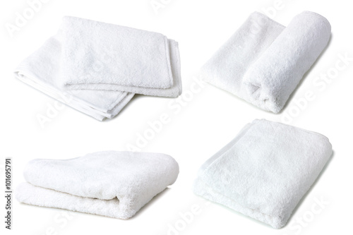 soft bath towel folded on white isolated background. Collage photo