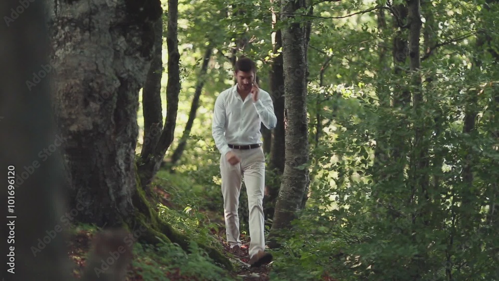 Handsome Man walking and talking on a mobile cell phone in the woods Handsome Man walking and talking on a mobile cell phone in the woods