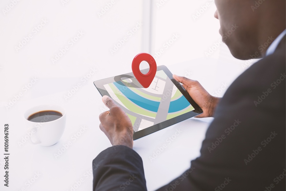 Fotografie Composite image of close-up of red map pointer