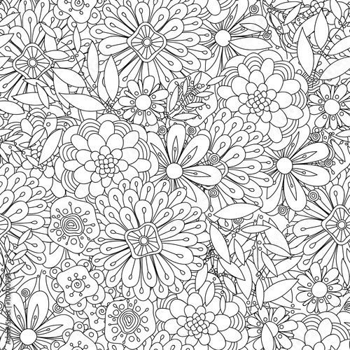 Doodle art flowers seamless pattern. Hand drawn black and white herbal background. Flowers and leaves