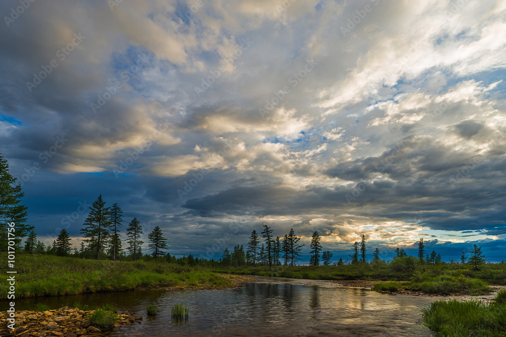 Summer landscape with river, forest and cloudy sky Summer landscape with river, forest and cloudy sky