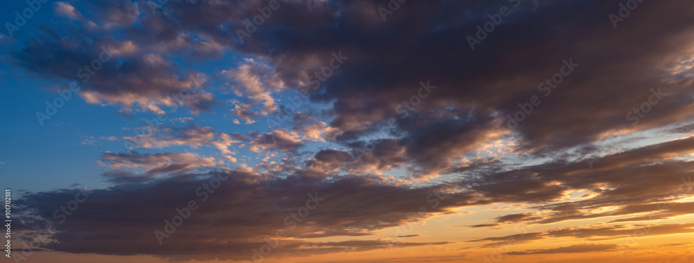 Sunset sky with clouds. Panorama.