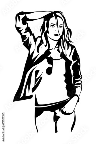 Vector illustration fashion girl posing in leather jacket.Hipster beautiful girl in leather jacket and jeans