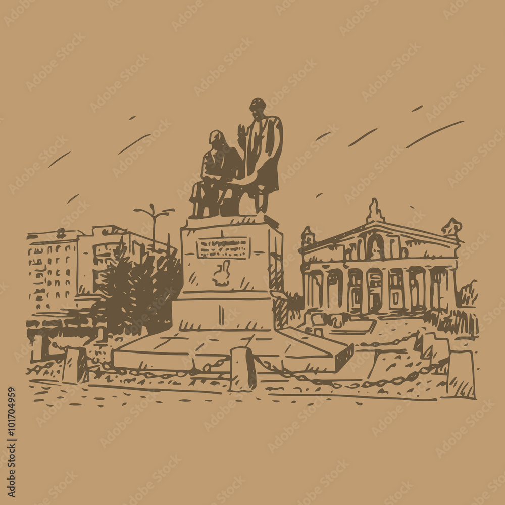 Monument to the father and son Cherepanov, inventors of the first Russian locomotive at the Theater Square in Nizhny Tagil, Russia. Vector pencil sketch by hand.