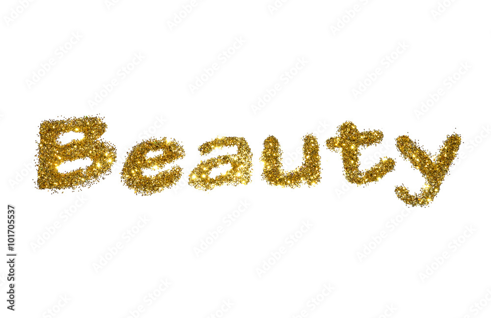 Word Beauty of golden glitter sparkle on white background Word Beauty of golden glitter sparkle on white background