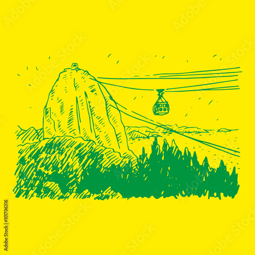 Cable car line from Sugarloaf Mountain, Rio de Janeiro, Brazil. Vector freehand sketch.