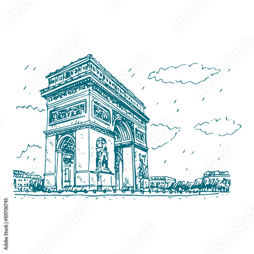 Arc de Triomphe, Paris, France. Travel Paris icon. Vector hand drawn sketch.