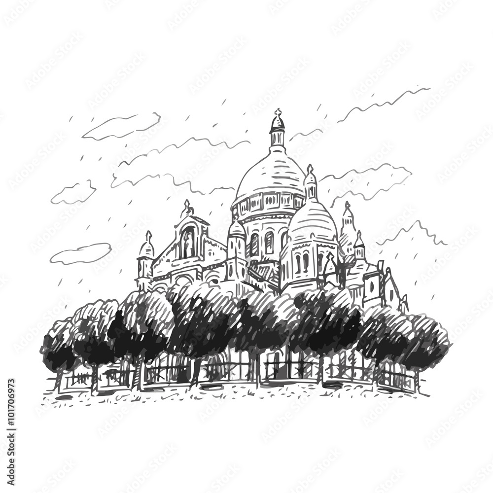 The Basilica of the Sacred Heart of Paris, France. Travel Paris icon. Vector hand drawn sketch.