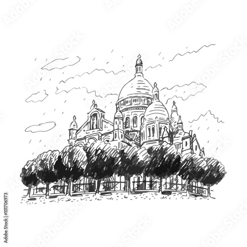 The Basilica of the Sacred Heart of Paris, France. Travel Paris icon. Vector hand drawn sketch.