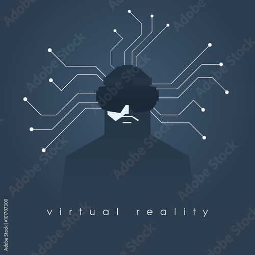 Virtual reality concept illustration with man and headset glasses. Dark background, lines as symbol of internet connection.