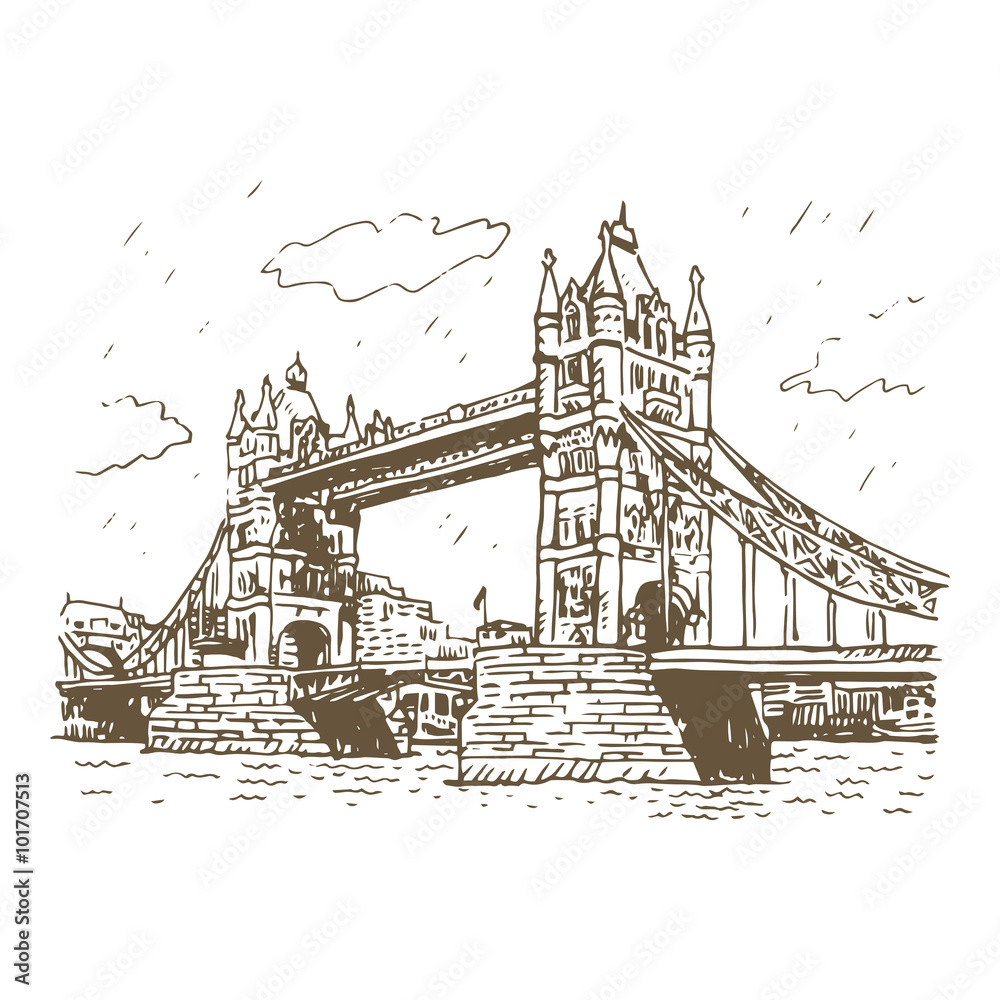 Obraz premium Tower Bridge, London, England, UK. Hand Drawn Illustration.