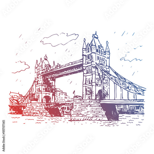 Tower Bridge, London, England, UK. Hand Drawn Illustration.